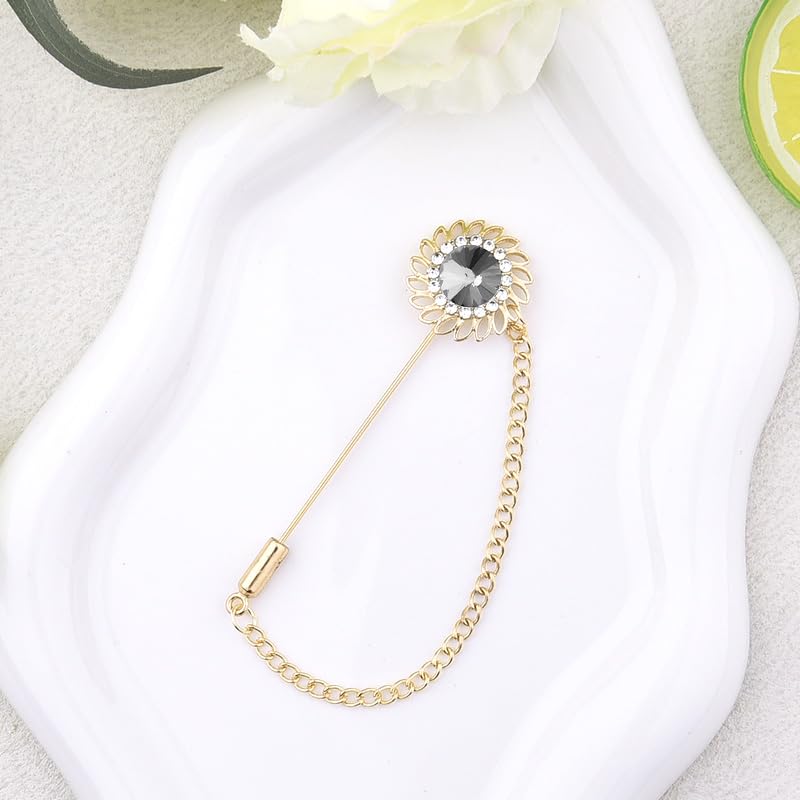 Mens Sunflower Lapel Pin Crystal Rhinestone Brooches for Men Hanging Chain Brooch Suit Pin Flower Lapel Pins for Men Wedding Business Party - color: Grey