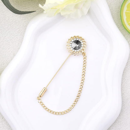 Mens Sunflower Lapel Pin Crystal Rhinestone Brooches for Men Hanging Chain Brooch Suit Pin Flower Lapel Pins for Men Wedding Business Party - color: Grey