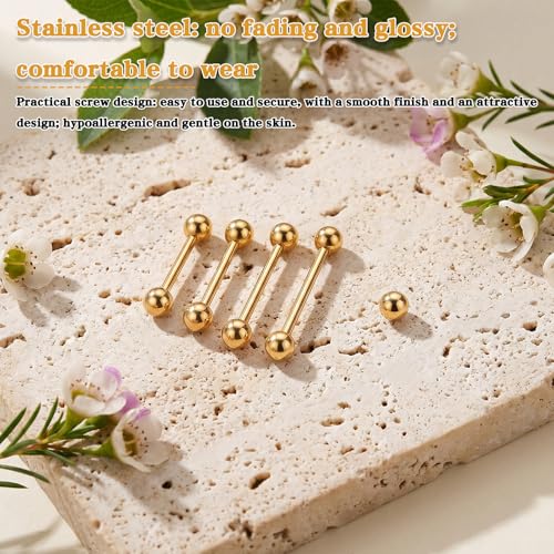 Gold Tongue Ring, 8Pcs 14G Stainless Steel Straight Nipple Barbells | Short Long Tongue Rings Gold Bridge Piercing Jewelry for Women Men, 12/14/16/18mm