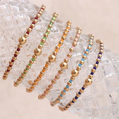 Gold Beaded Stackable Friendship Bracelets Set for Women, Handmade Boho Stretch Summer Jewelry Gift. - color: 0903S