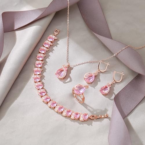 EVER FAITH Wedding Jewelry Set for Bride Bridesmaid, Glamour Teardrop Cubic Zirconia Pendant Necklace Earrings Tennis Bracelet Open Ring Sets for Birthday/Valentine's Day/Mother's Day/Christmas - color: A_Pink Rose Gold-Plated-Brass