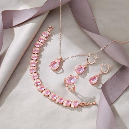 EVER FAITH Wedding Jewelry Set for Bride Bridesmaid, Glamour Teardrop Cubic Zirconia Pendant Necklace Earrings Tennis Bracelet Open Ring Sets for Birthday/Valentine's Day/Mother's Day/Christmas - color: A_Pink Rose Gold-Plated-Brass