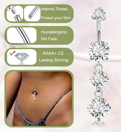 G23 Titanium Dangle Belly Button Rings for Women Dangling Navel Rings CZ Belly Rings Curved Barbell Internally Threaded Belly Piercing Jewelry - color: White