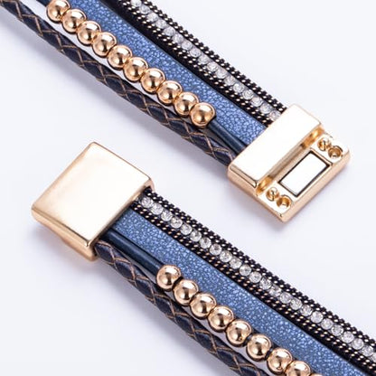 Chunky Boho Leather Wrap Bracelets Cowgirl Beaded Circle Western Jewelry | Stackable Infinity Layered Bohemian Magnetic Clasp Cuff Statement Fashion Colorful Country Hippie Outfits for Women Trendy - color: Navy Blue