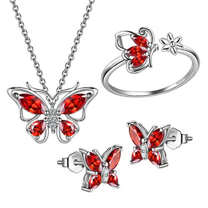 925 Sterling Silver Birthstone Butterfly Jewelry Women Crystal Animal Cute Butterflies Birthday Necklace/Earring/Ring/Bracelet Sets Birth Stone Statement Anniversary Jewellery - color: 2-A.January-Garnet