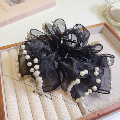 Elegant Pearl-Trimmed Hair Claw Clips, Black and White Chiffon Silk Bows, Large Nonslip French Barrette Hair Accessories for Women, 2 Pack