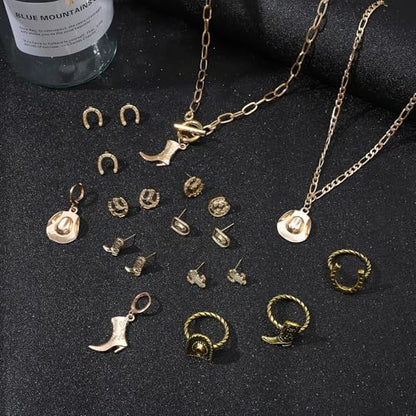 NEWITIN 15 Pieces Gold Bohemian Jewelry Set for Women Turquoise Jewelry Set | Costume Gold Jewelry, Western Jewelry, Belt Chain Necklaces Bracelets Rings Earrings Set for Women Party Daily, Women Gifts - color: Light Gold