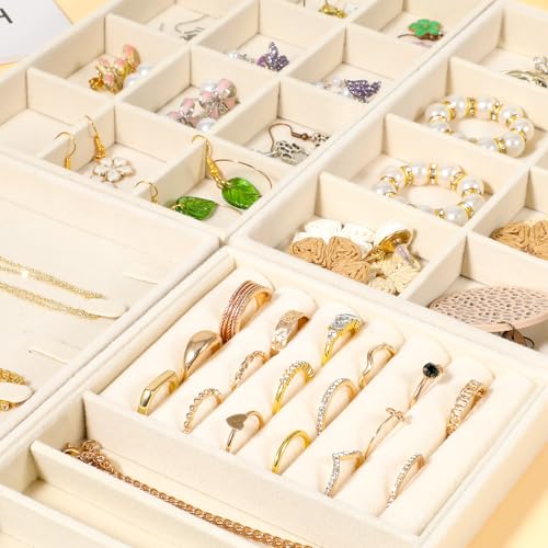 4Pcs Jewelry Organizer Trays, Stackable Velvet Jewelry Trays, Drawer Insert Divider Jewel Display Storage with Removable Dividers, Divided Storage for Earring Necklace Rings Bracelet