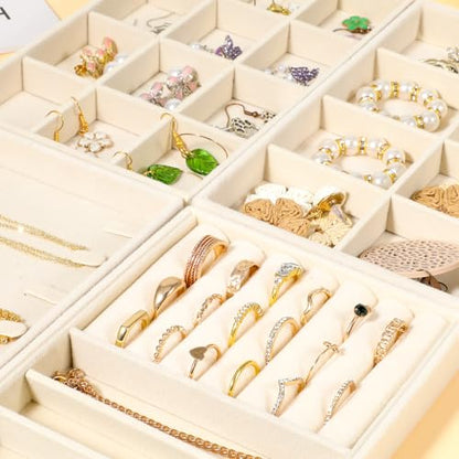 4Pcs Jewelry Organizer Trays, Stackable Velvet Jewelry Trays, Drawer Insert Divider Jewel Display Storage with Removable Dividers, Divided Storage for Earring Necklace Rings Bracelet