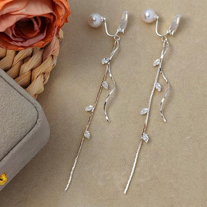 ASOQOLA Clip on Earrings Non Pierced for Women Long Dangle Drop Clip Earrings - Cubic Zirconia Leaf Earrings for Women Wedding Party Prom Jewelry Gifts - color: silver-white