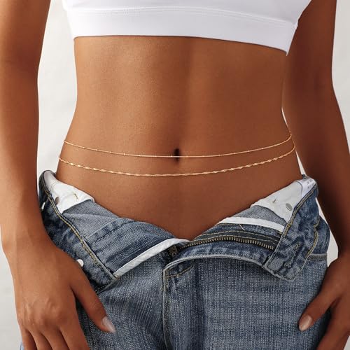 Waist Chain for Women 14K Gold/Silver Plated Body Chain Beads Link Belly Chains Belly Belt Waist Beads Chains Adjustable Sexy Bikini Body Jewelry Daily Belts Gifts for Women - style: 2Pcs Rope Satellite-GD