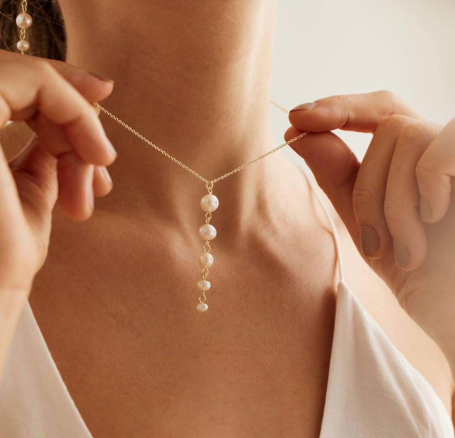 Pearl Necklace for Women, Dainty Pearls Choker Necklace for Women 14K Gold Plated Layered Pendant Necklace Handmade Gold Chain Necklace Everyday Jewelry Gift - color: Y Five Pearls