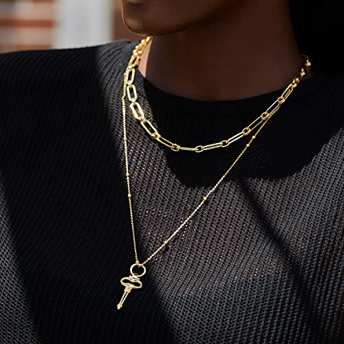 FRUMOS Dainty Layered Choker Necklace 18k gold Plated Y Pendant Commemorative coin Necklace Multilayer Bar Disc Necklace Adjustable Layering Choker Necklaces fashion jewelry for Women Girls - color: Gold key Pendant