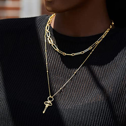 FRUMOS Dainty Layered Choker Necklace 18k gold Plated Y Pendant Commemorative coin Necklace Multilayer Bar Disc Necklace Adjustable Layering Choker Necklaces fashion jewelry for Women Girls - color: Gold key Pendant