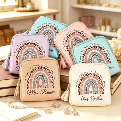 Back to School Teacher Gifts Custom Jewelry Travel Case with Name,Personalized Teacher Appreciation Gifts for Women Best Teacher Small Jewelry Box Leather Jewelry Bag Thank You Gifts - color: Rainbow