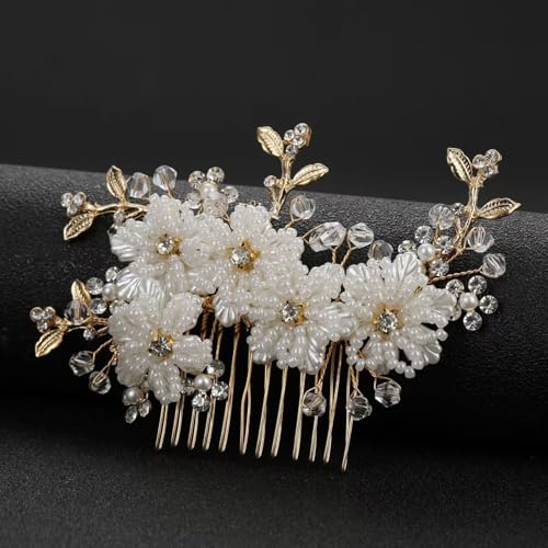 Flower Leaf Design Wedding Hair Comb, Metal Bridal Hair Accessory with Rhinestone, Wedding Prom Hair Clip Headpiece for Women (Gold Flower Crystal) - color: Gold Flower Crystal