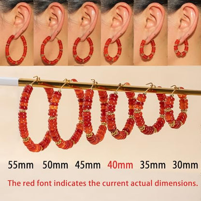 Wellike Beaded Hoop Earrings for Women Natural Stone Pink Gold Huggie Earrings Hypoallergenic Dainty Waterproof Trendy Jewelry - color: Red, size: 40mm