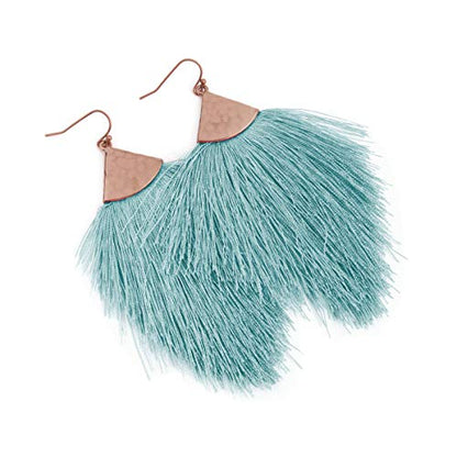 Bohemian Silky Thread Fan Fringe Tassel Statement Earrings - Lightweight Strand Feather Shape Dangles - color: Feather Fringe - Aqua Mint