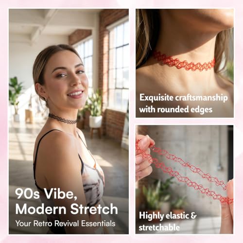 PAGOW Tattoo Choker Set, Stretchy 90s Choker Necklace, Adjustable Retro Y2K Gothic Grunge Chokers Jewelry Accessories - color: Black,Red,12Pcs