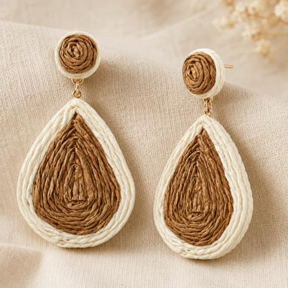 Handmade Rattan Teardrop Dangle Earrings for Women, Lightweight Boho Woven Statement Earrings with Gold Fish Hook, Natural Straw Weave Vacation Jewelry for Summer Beach - style: Ivory Brown Teardrop