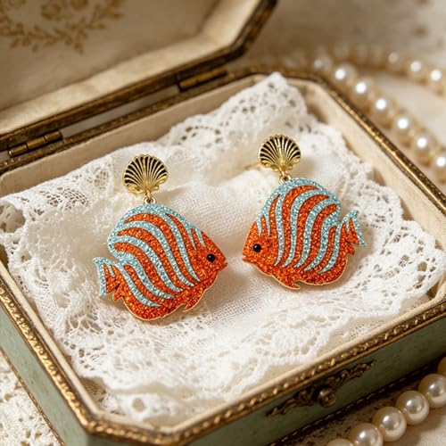 Cute Acrylic Tropical Fish Earrings Creative Parrot Hornbill Drop Dangle Earrings Stylish Animal Statement Earrings Daily Wear Jewelry for Women - color: Blue Orange Fish