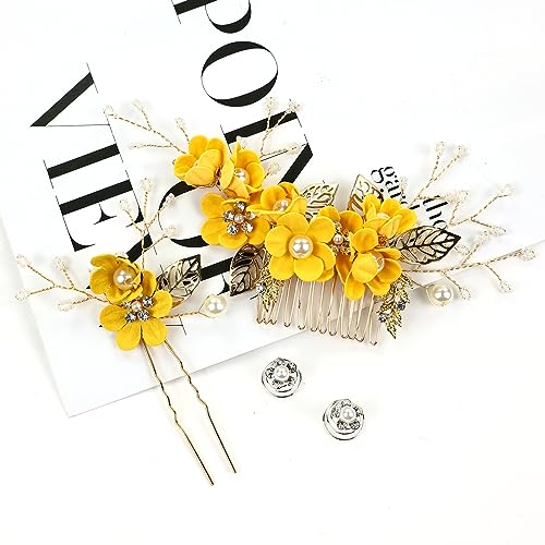 Cinaci 18 Pieces Bridal Wedding Party Prom Pearl Rhinestone Yellow Flower Hair Side Combs Slides+U-shaped Flower Hair Pins+Twist Spiral Hairpins Floral Headpieces for Brides Bridesmaids Women Girls - color: Yellow
