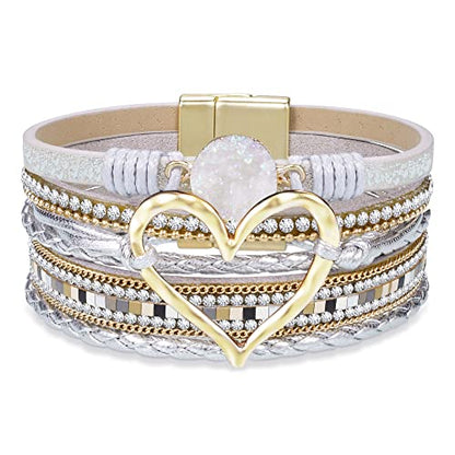 Bracelets for Women, Gifts for Mom Her Christmas Gift 2026 Leather Bracelets for Women Birthday Gift for Daughter Inspirational Wrap Bracelet Sister Friend Teen Girl Gift Layered Stocking Stuffers Jewelry - style: Silver - Heart