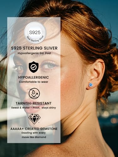 Bestyle 8mm Small Birthstone Earrings for Women with Hypoallergenic Sterling Silver Post,Sparkle Heart/Round Womens Studs Earrings, Great Birthday/Christmas/Anniversary Jewelry for Wife Mother - color: 12. Dec. Blue Topaz-Heart