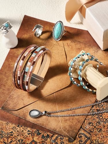 Ecally Bohemian Western Jewelry Turquoise Set Women Country Pendant Long Choker Layered Bracelets Earrings Ring for Women - color: Turquoise, style: Classic