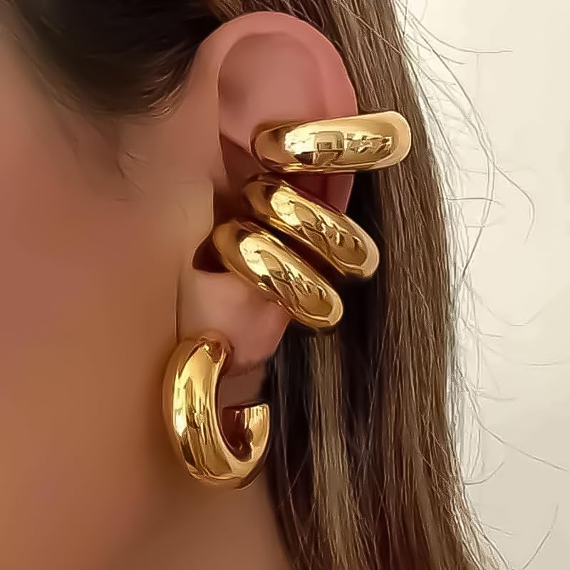 Chunky Gold Ear Cuffs Earrings for Women Non Piercing Gold Cuff Clip On Cartilage Hoop Earring Trendy Lightweight Thick Cuff Earrings for Women - color: gold2