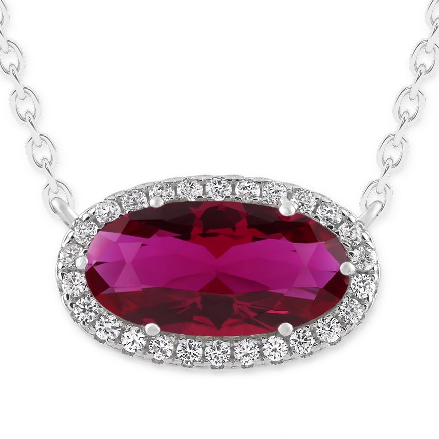Belacqua Gemstone Necklace in Sterling Silver,Halo Pendant with Accent, Oval Cut 6 * 12mm, 15" Cable Chain with 2" Extender, Spring Ring Clasp, Dainty Birthstone Necklace for Women, Gift Box Included - color: 07-July-Siam Ruby Red