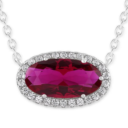 Belacqua Gemstone Necklace in Sterling Silver,Halo Pendant with Accent, Oval Cut 6 * 12mm, 15" Cable Chain with 2" Extender, Spring Ring Clasp, Dainty Birthstone Necklace for Women, Gift Box Included - color: 07-July-Siam Ruby Red