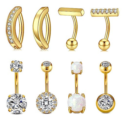 QWALIT Belly Rings - Short Bar Belly Button Rings in Surgical Steel with Opal Stones - 6mm & 10mm - color: B12-8P short-Gold