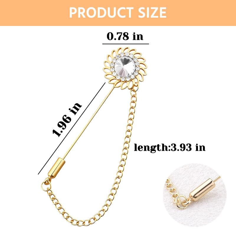 Mens Sunflower Lapel Pin Crystal Rhinestone Brooches for Men Hanging Chain Brooch Suit Pin Flower Lapel Pins for Men Wedding Business Party - color: White