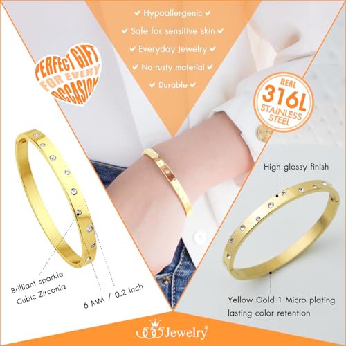 555Jewelry Womens Sparkling Cubic Zirconia Secure Hinge Lock Bangle Stainless Steel Bracelet - color: Yellow Gold Style 3