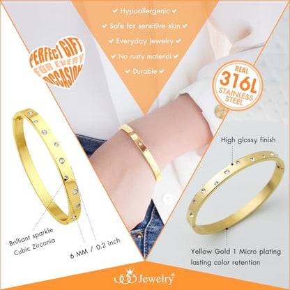 555Jewelry Womens Sparkling Cubic Zirconia Secure Hinge Lock Bangle Stainless Steel Bracelet - color: Yellow Gold Style 3