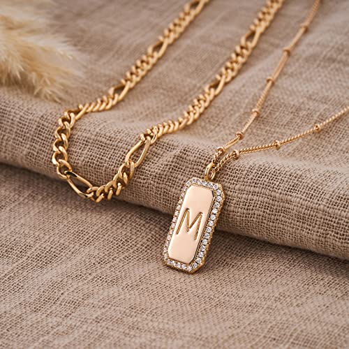Gold Initial Necklace for Women 14K Gold Plated Figaro Chain Choker Layered Necklaces Set Bar Rectangle Pendant Necklaces Simple Dainty Letter Necklace Everyday Gold Jewelry - style: Letter M