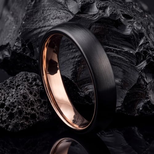 Tungsten Wedding Band Ring 10mm 8mm 6mm 4mm for Men Women 18k Rose Gold Plated Dome Black Grey Brushed Polished - color: 1 Rose Gold Black Tungsten