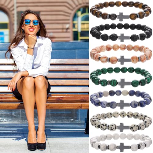 Beaded Bracelets Cross Bracelet for Women Men Lava Rock Turquoise Tiger Eye Natural Bracelet Anxiety Healing - color: 10 Pcs- black Hematite cross