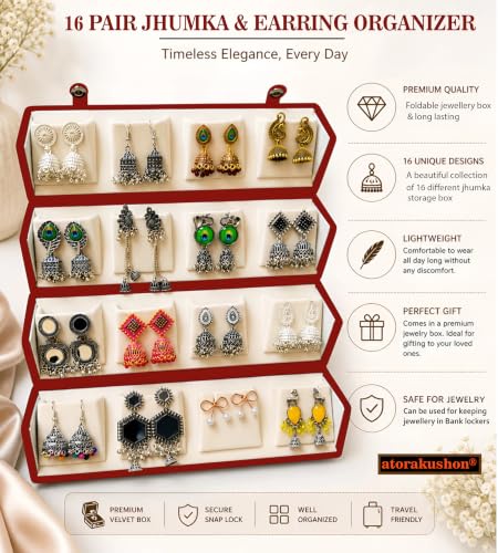 atorakushon 12 Pair Earrings Velvet Organizer Jewellery Box For Women and Girls Pack of 1 Maroon - style: Jhumka Earring Organiser Folder 12 Pair Cream