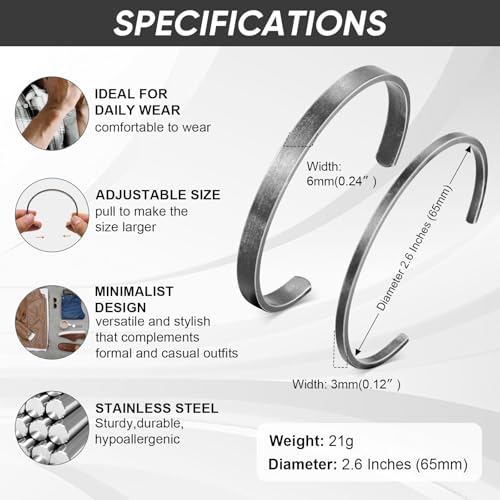Stainless Steel Mens Cuff Bracelet : Minimal Cool Silver/Black/Gold Plated Open Metal Cuff Bangle Bracelets for Men,Mens Bracelet Jewelry Gift - color: Antique Grey-2-Pack, size: Medium( fit 5.5"-7.2" wrist)