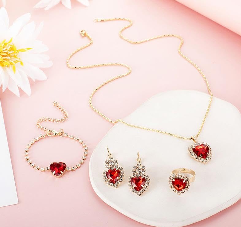 MALOYANVE 4PCS Crystal Heart Jewelry Set Glitter Gold Cubic Zirconia Love Heart Pendant Necklace Lightweight Hoop Earrings Bangle Bracelet Adjustable Open Ring Prom Wedding Jewelry for Women - color: Red