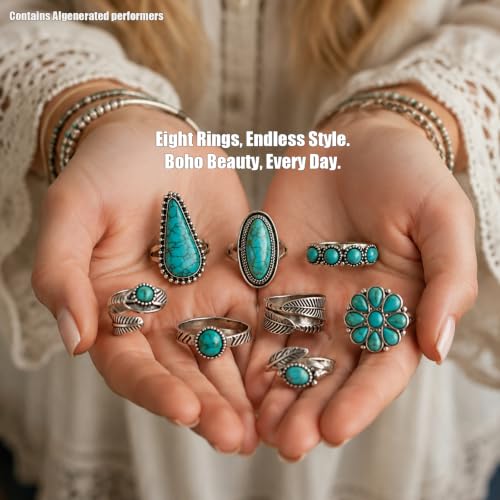 8 Pcs Bohemian Turquoise Ring for Women Western Open Vintage, Retro Ethnic Style Stackable Silver Boho Gemstone Knuckle Midi Chunky Dainty Statement Ring Set Jewelry Accessories