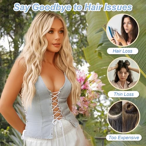 Beige Blonde Halo Hair Extensions with Light Blonde Highlights | 20 Inch Wavy Synthetic Fiber with Invisible Wire and 4 Secure Clips for Easy Daily Styling and Party Wear - color: Blonde Highlights