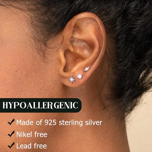 14K Gold Plated 925 Sterling Silver Flat Back Earrings Set | Hypoallergenic Cartilage Helix Conch Tragus Piercing Jewelry 3 Pairs Small Screw Dainty CZ Opal Earring Set Men Women - color: Silver, Style B