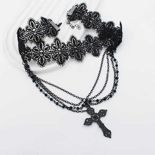 Black Lace Choker Gothic Cross Necklace Zinc Alloy Black Cross Pendant Layered Beads Necklace Halloween Punk Goth Jewelry Gift for Women
