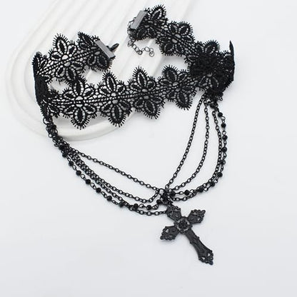 Black Lace Choker Gothic Cross Necklace Zinc Alloy Black Cross Pendant Layered Beads Necklace Halloween Punk Goth Jewelry Gift for Women