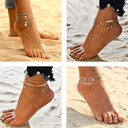 Starain 12Pcs Summer Beach Anklets for Women Waterproof Gold Silver Chain Ankle Bracelets Cute Women's Foot Anklet Set 7.9-10.5 inch Adjustable - color: 16Pcs Rose Ankle Bracelet