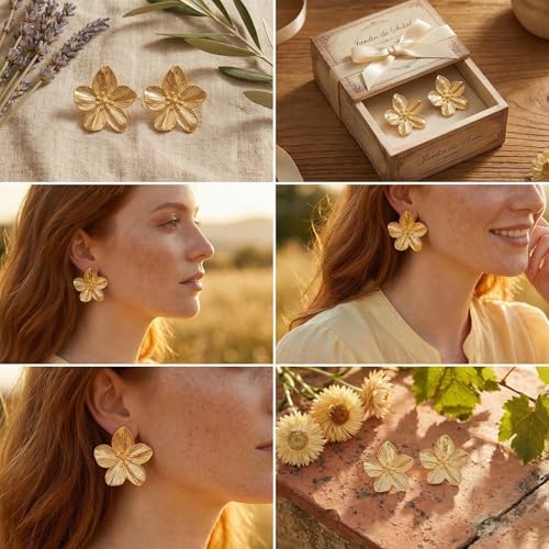 Chunky Gold Plated Flower Statement Drop Earrings for Women | Hypoallergenic 18K Gold Plated Textured Petal Wing, Large Statement Dangle Earrings for Wedding Party - color: Gold flower-A