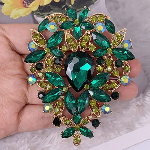 SELOVO Leaf Bouquet Scarf Big Brooch Pin Broach Crystal Jewelry - color: Green